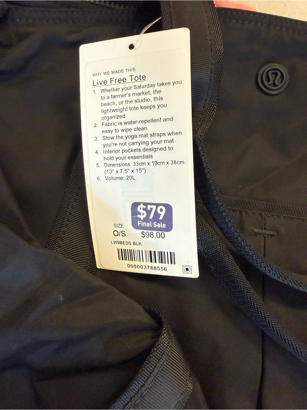 NWT Lululemon Live Free Tote 20L Black Yoga Gym Bag - Picture 6 of 6